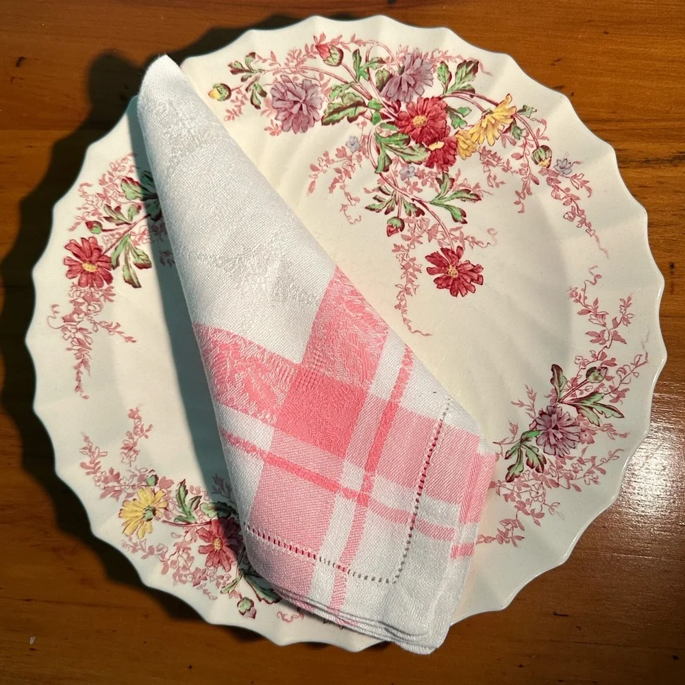Vintage Cottage Chic Pristine Pink & White Striped Damask Cloth Napkins ~ 6 pc.